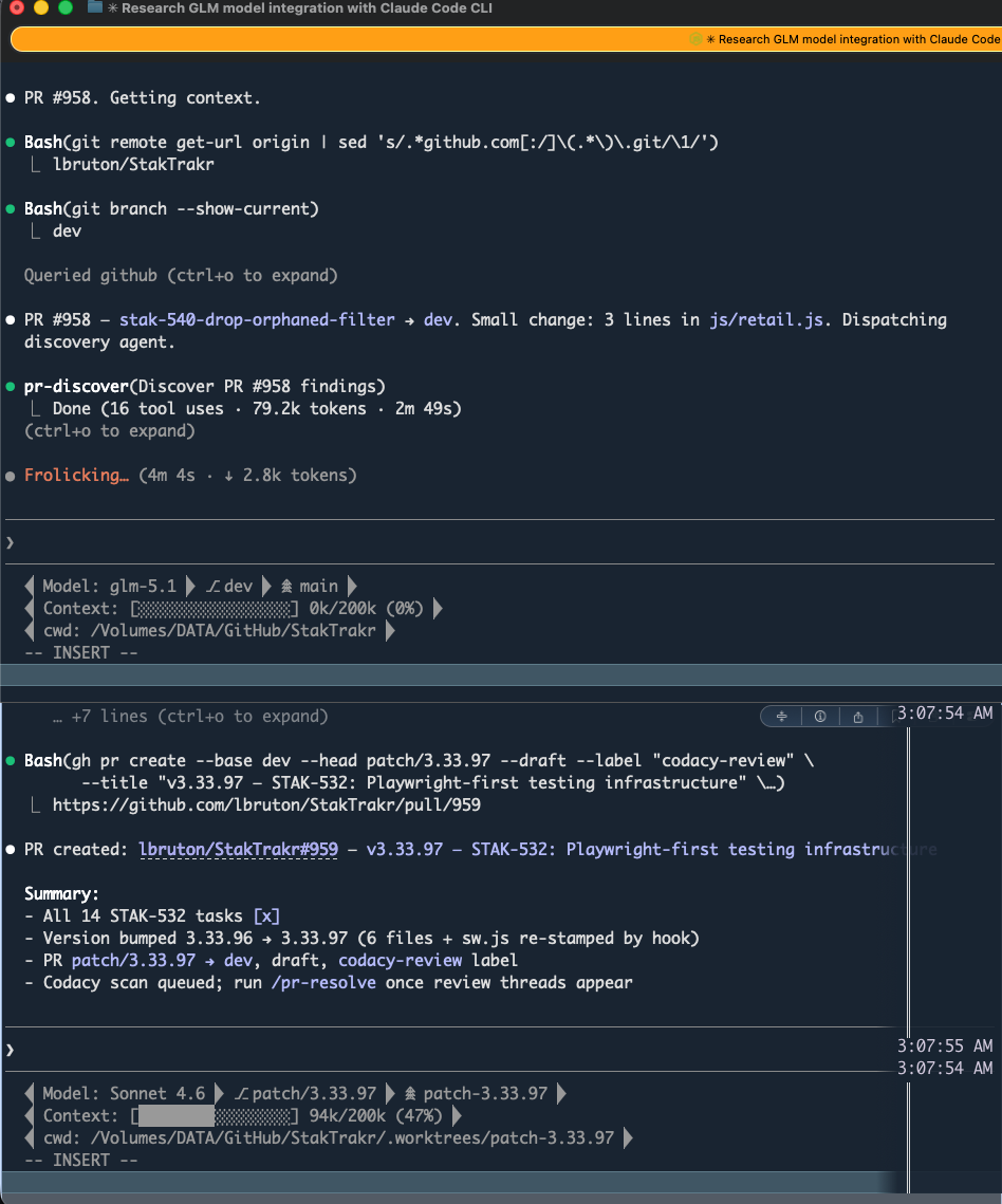 Split terminal: GLM-5.1 running pr-resolve on top, Claude Sonnet handling StakTrakr work on bottom — two models, two projects, parallel execution