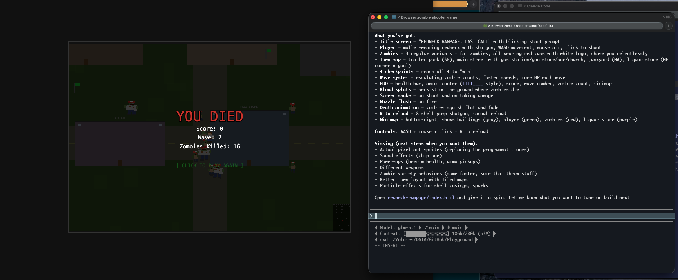 GLM-5.1 generated a fully playable Phaser 3 zombie survival game from a 6-sentence prompt